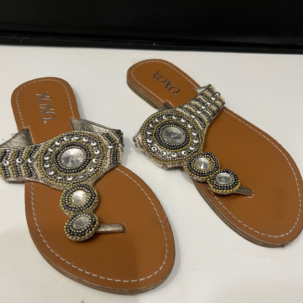 XOXO Brown T-Strap Embellished Beaded Sandals